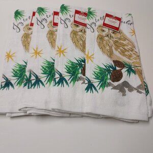 OLIDAY TIME * WHITE-GREEN-GOLD OWL KITCHEN TOWELS 4 HOLIDAYS SZ: 15”x 24” NWT